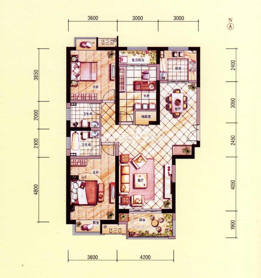 中国铁建梧桐苑m户型 三室两厅一厨两卫 136-139㎡