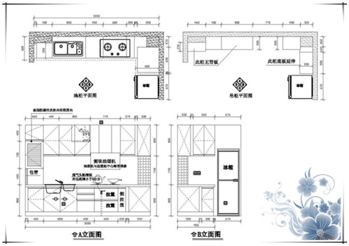 橱柜cad设计图纸大多从两面展示,平面布置图和立面效果图: 一,平面